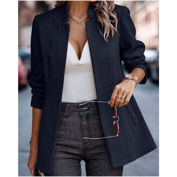 Classic Navy Blue Herringbone Blazer Jacket Coat - Picture 1 of 5